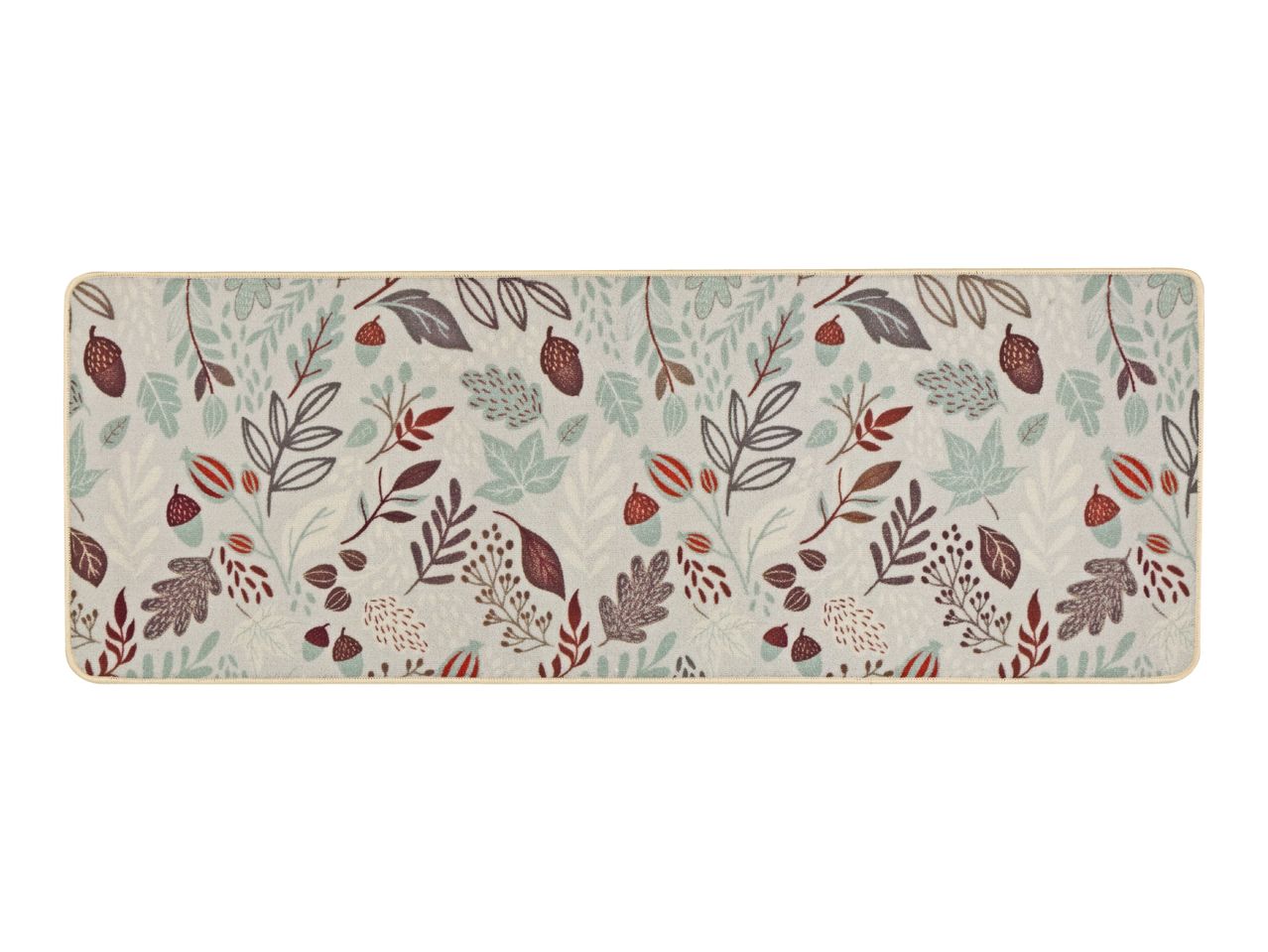 Rectangular kitchen mat with a pattern of autumn leaves and acorns in muted colors.