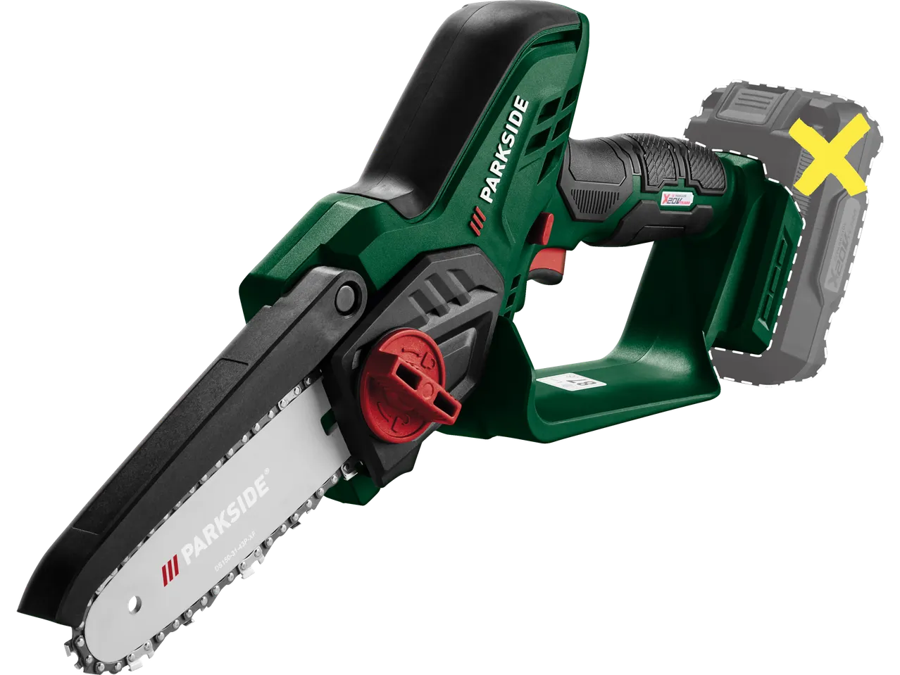 Zaļš un melns bezvadu mini motorzāģis ar pelēku akumulatoru fonā