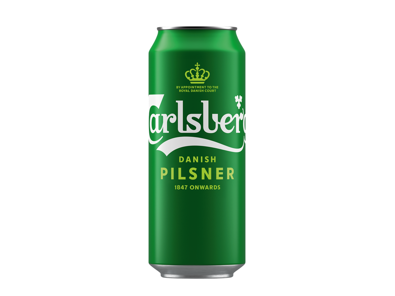 Lata de cerveja verde com texto branco e dourado, incluindo uma coroa e a palavra 'Pilsner'.