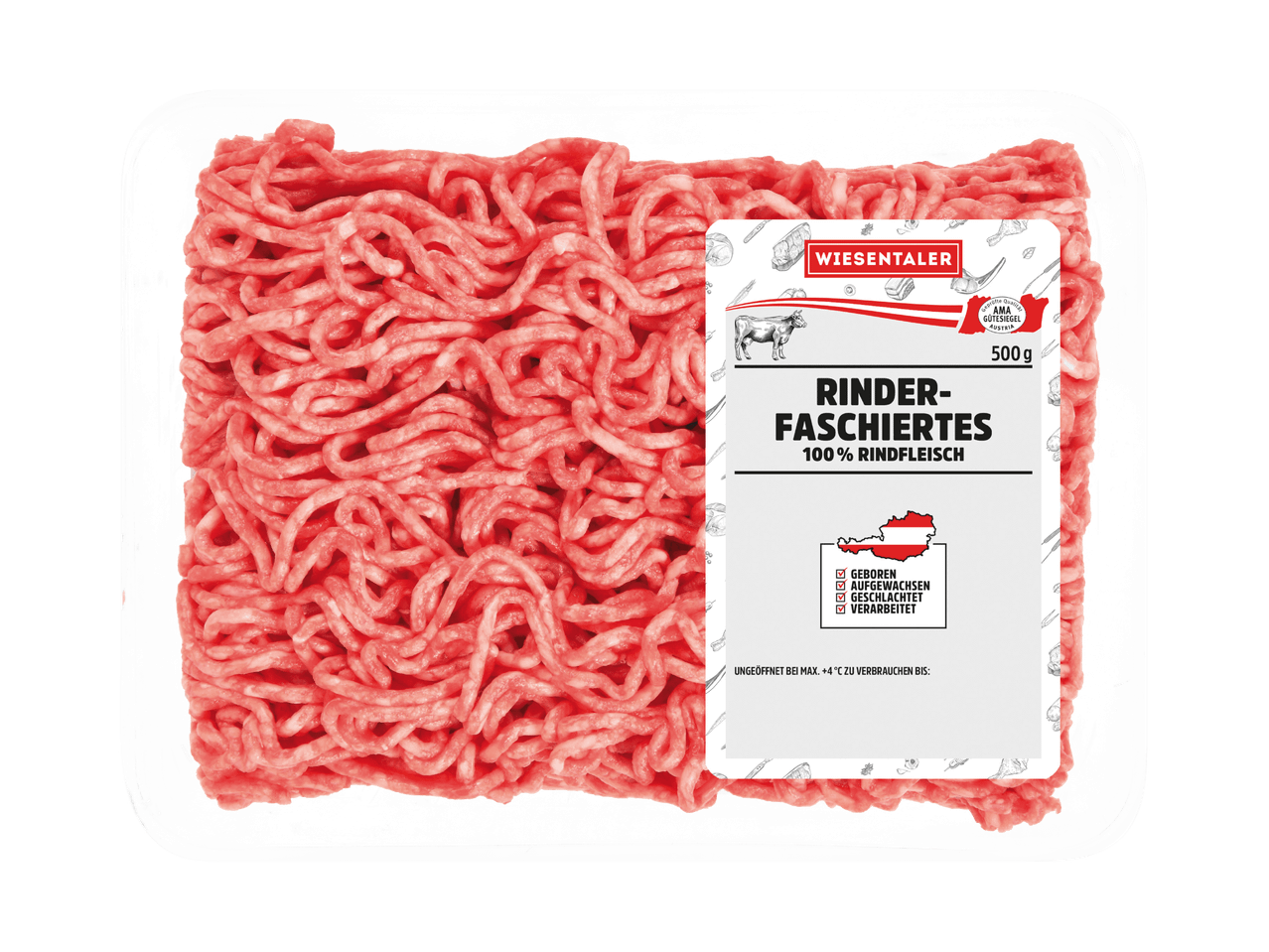 Hackfleisch in einer durchsichtigen Verpackung mit Etikett, das Rinderfaschiertes, 100% Rindfleisch und 500g angibt.