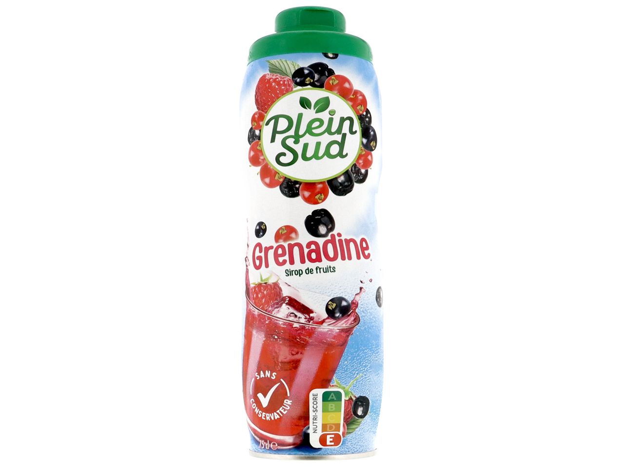 Bouteille de sirop de fruits Plein Sud Grenadine avec Nutri-Score.