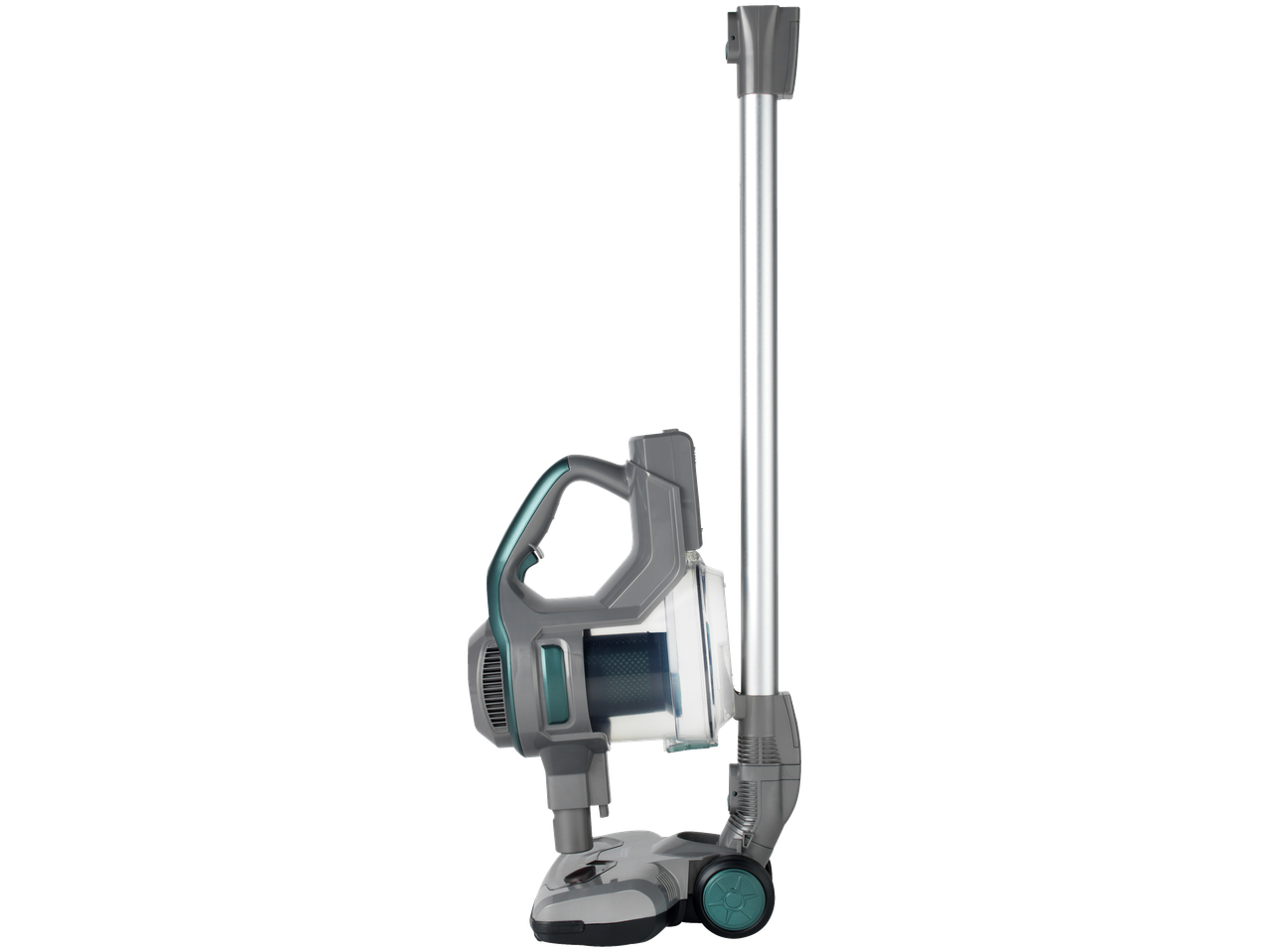 Cordless stick vacuum cleaner with a grey and teal design, featuring a clear dustbin.