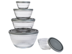 Комплект от пет стъклени купи за съхранение с пластмасови капаци.