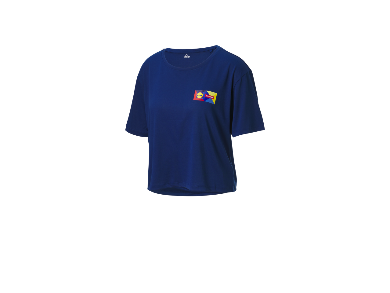 Uma camiseta Crivit azul com os logotipos Lidl e Trek.