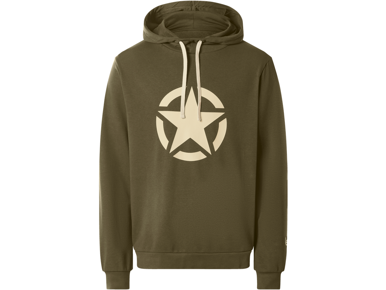 Esmara MEN alyvuogių žalios spalvos džemperis su kapišonu ir didele smėlio spalvos žvaigžde.