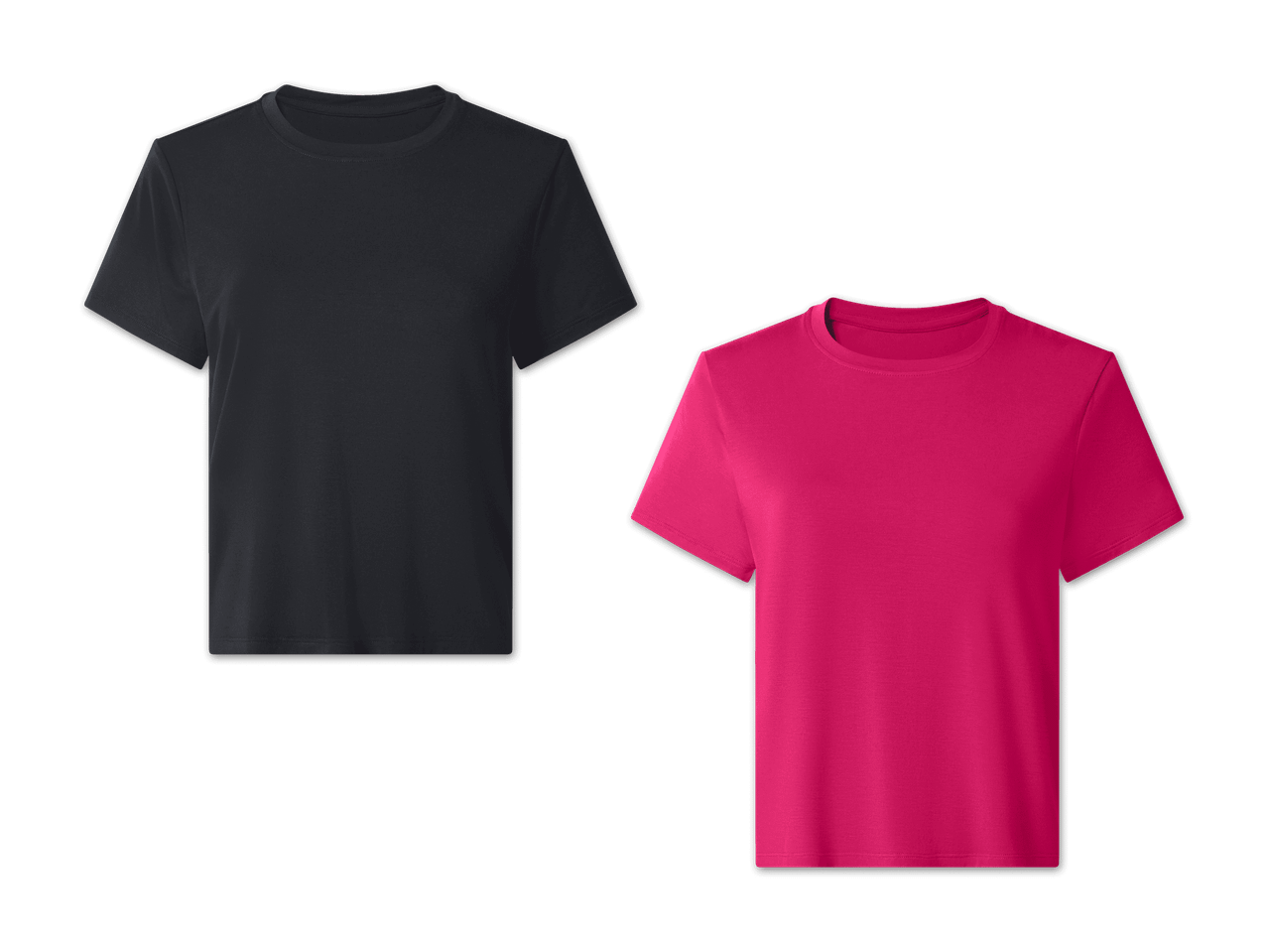 Zwei T-Shirts, eines in Dunkelgrau und eines in leuchtendem Pink, auf schwarzem Hintergrund.