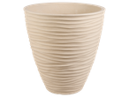 Bézs színű virágcserép hullámos, texturált felülettel.