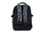 Black backpack with a skateboard and star pattern, featuring padded shoulder straps.