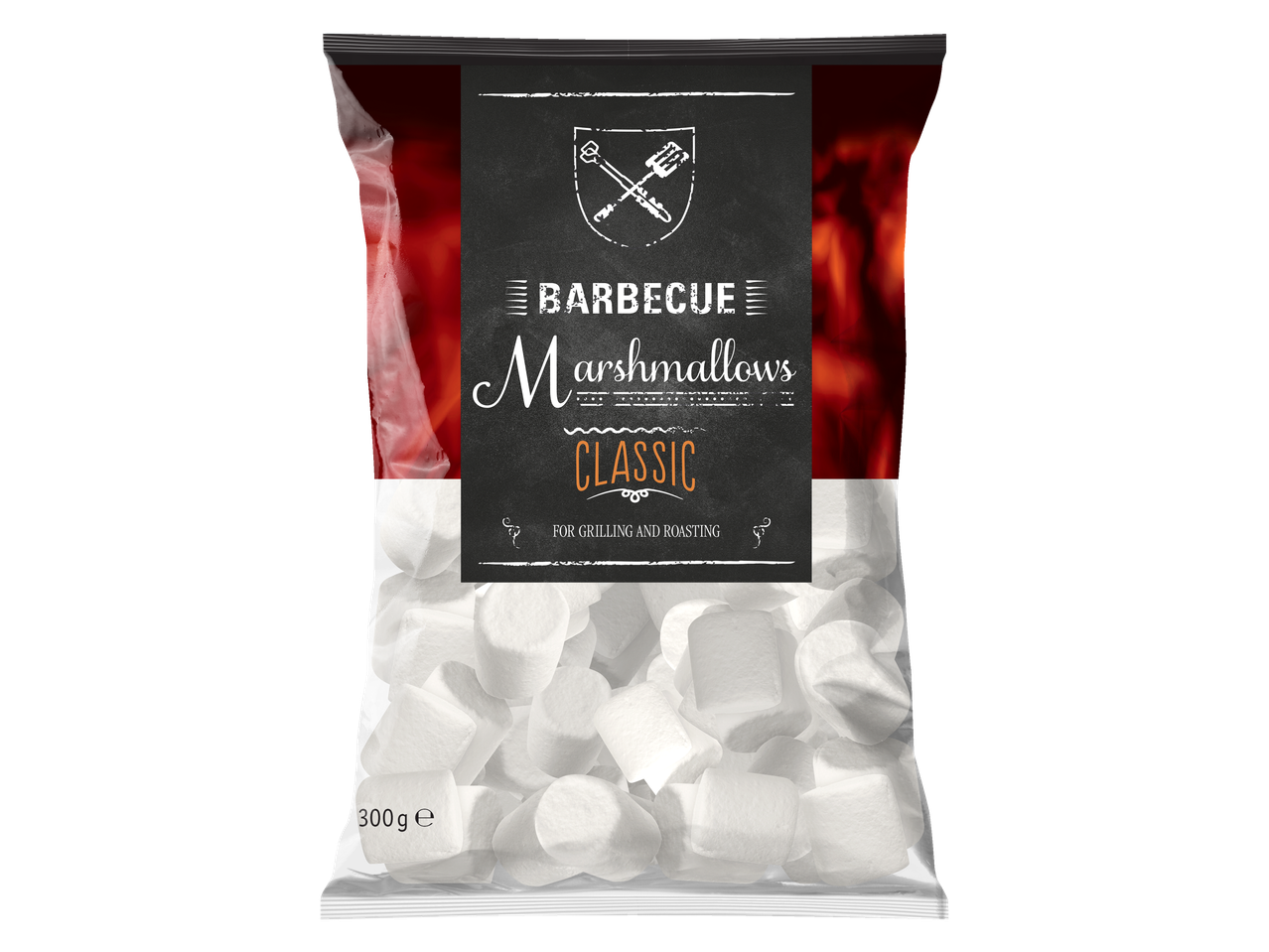 Zak met 300 gram klassieke barbecue marshmallows, ideaal voor grillen en roosteren.