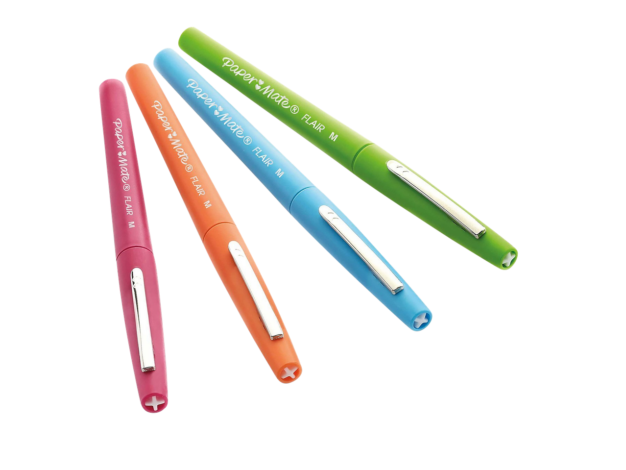 Četiri Paper Mate Flair M olovke u roze, narandžastoj, plavoj i zelenoj boji.