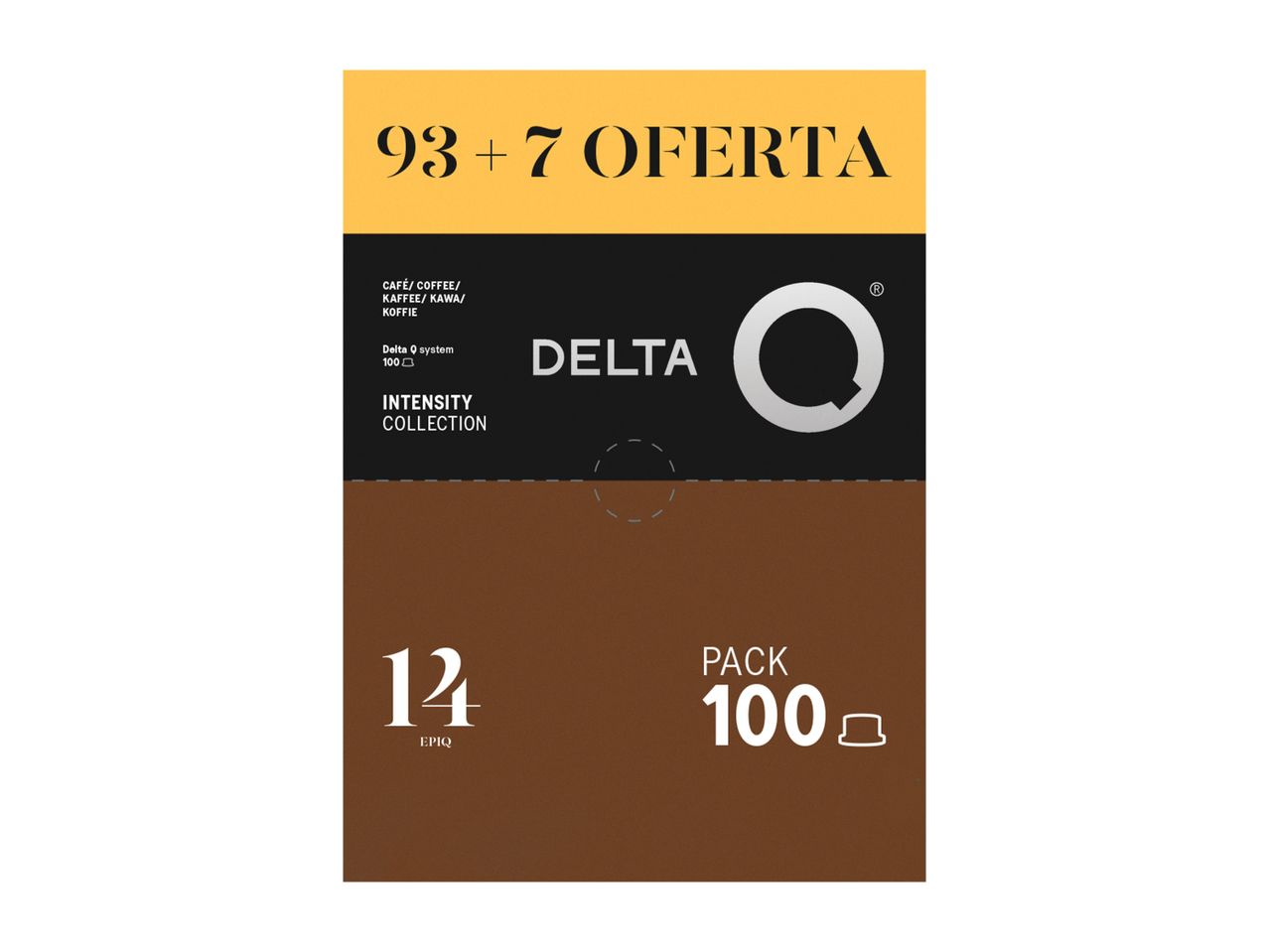 Embalagem de café Delta Q com 100 cápsulas, incluindo 93+7 oferta e intensidade 14 EPIQ.