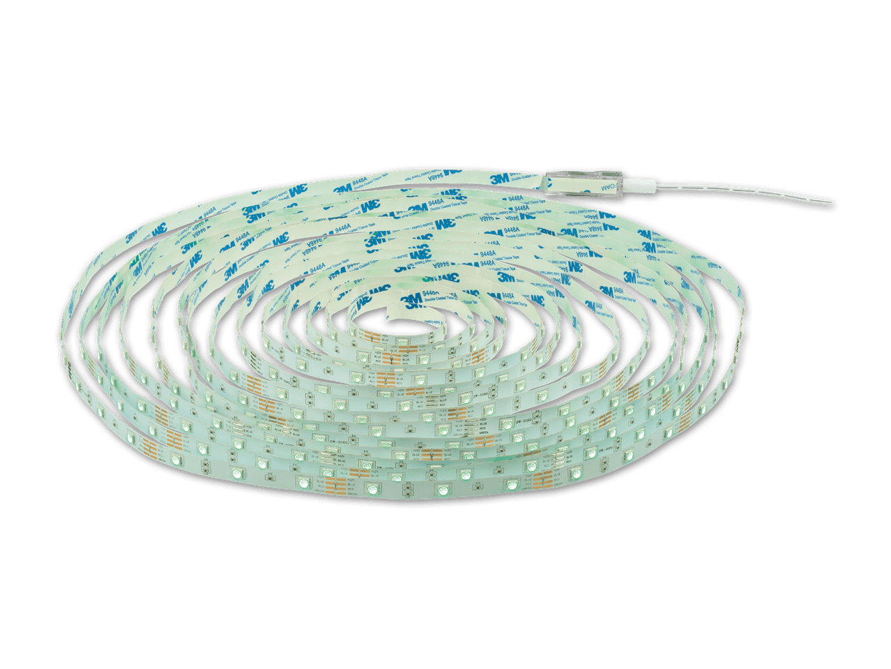 Ein aufgerolltes LED-Streifenlicht mit 3M-Klebeband auf der Rückseite.