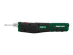 A green and black cordless soldering iron with a red button and silver tip.