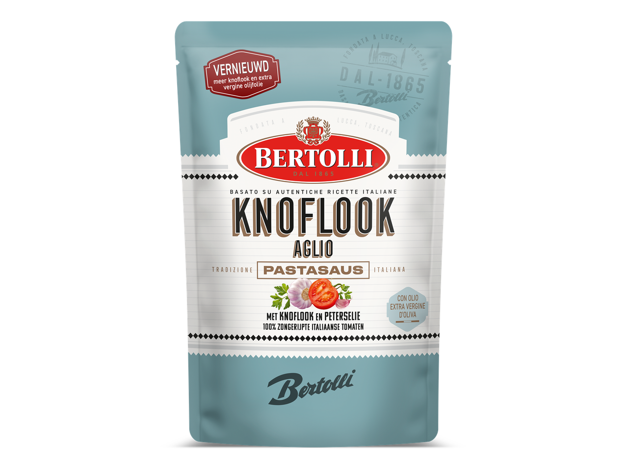 Verpakking pastasaus met knoflook en peterselie, gemaakt met 100% zongerijpte Italiaanse tomaten en extra vergine olijfolie.