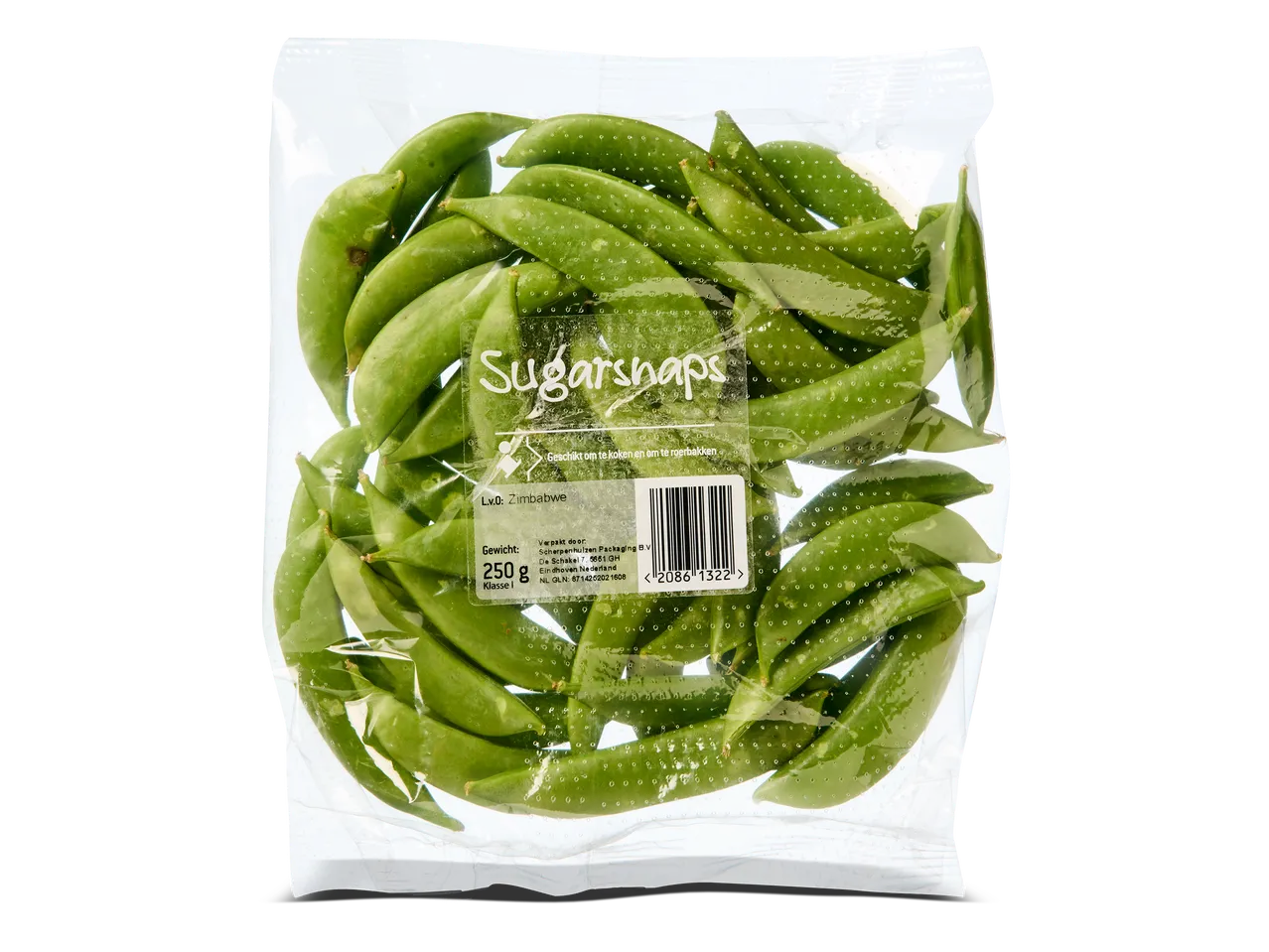 Een zakje verse sugarsnaps, klaar om te koken of te roerbakken.