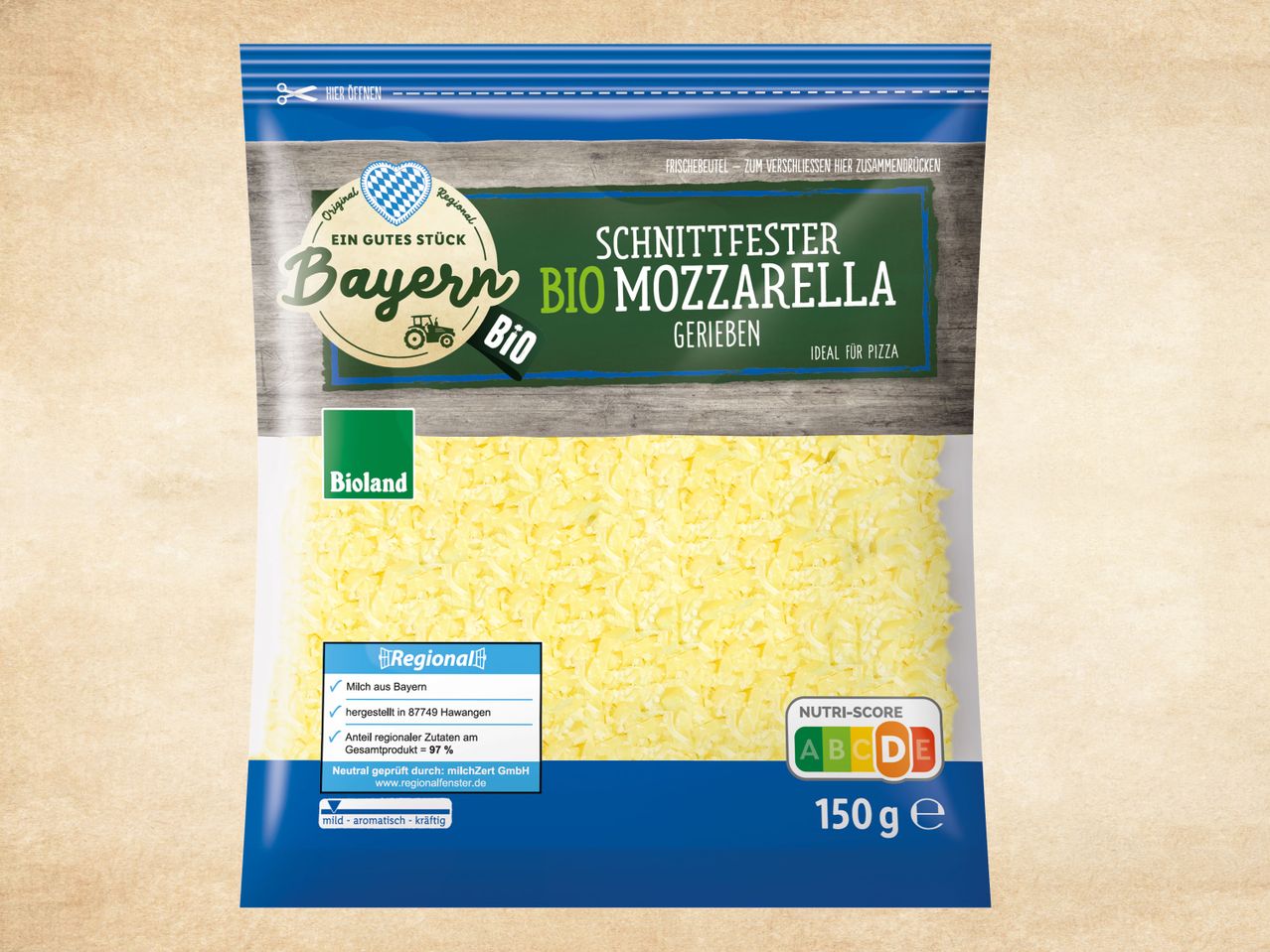 Bioland Bayern Bio Mozzarella, gerieben, ideal für Pizza.
