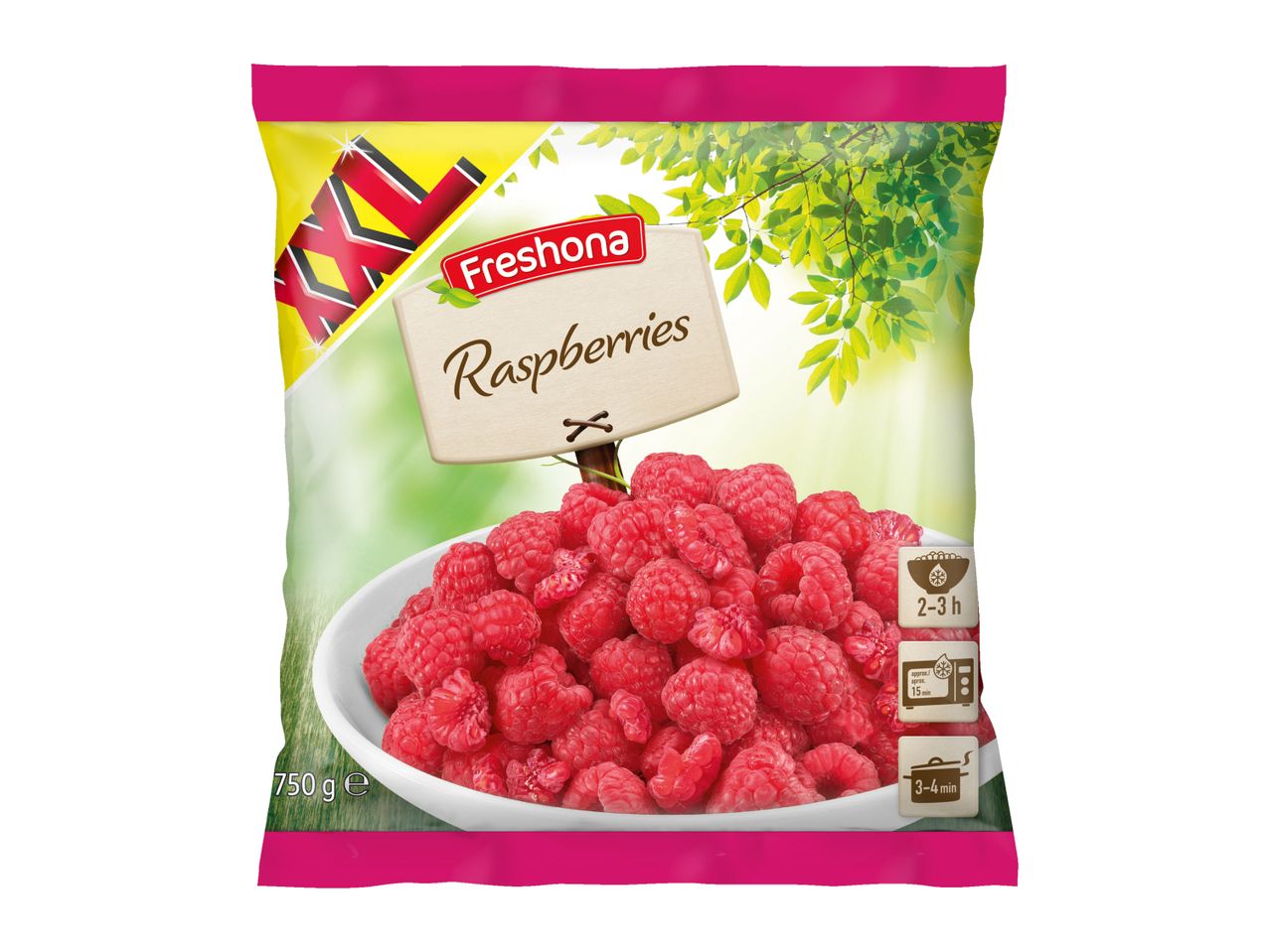 Fresona XL Raspberries: 750g bag of frozen raspberries, thawing instructions included.