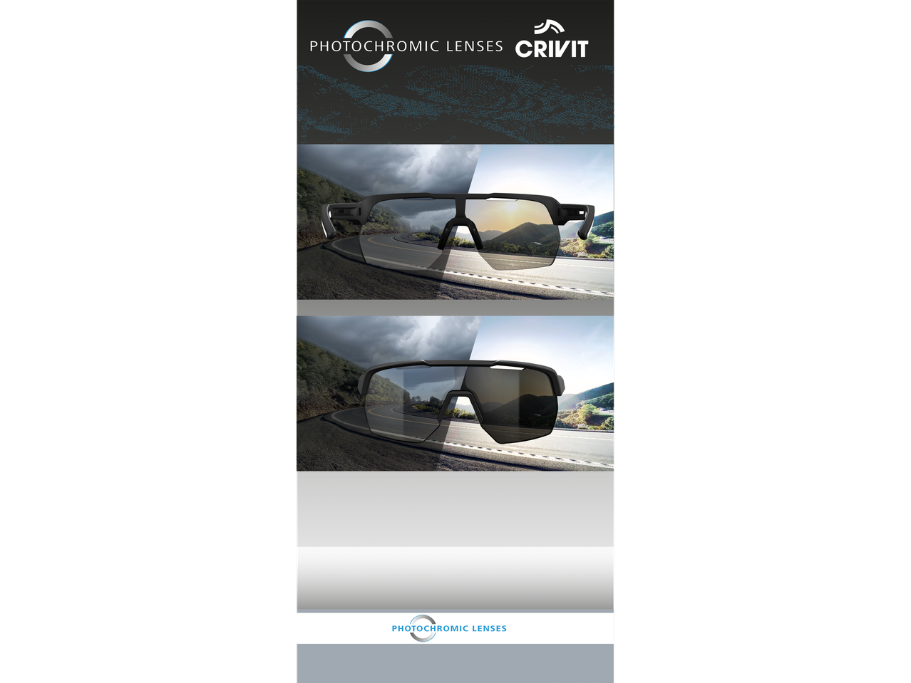 Ochelari sport CRIVIT cu lentile fotocromatice, adaptându-se la lumină.