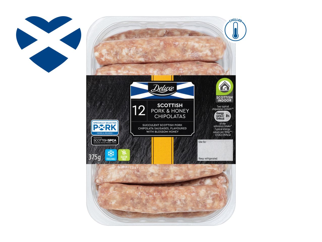 Pack of 12 Scottish pork and honey chipolatas, 375g, with Scottish flag heart and chilled icon.