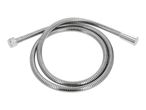 Flexible metal shower hose with chrome-plated connectors, coiled on a white background.