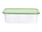 Rectangular clear food storage container with a light green lid.
