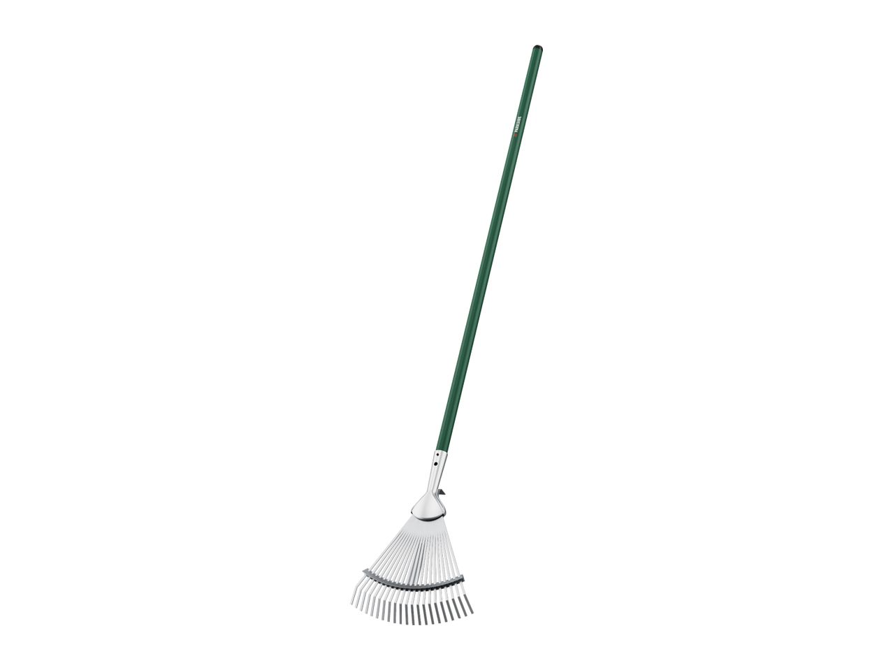 Adjustable garden rake with a green handle and silver tines