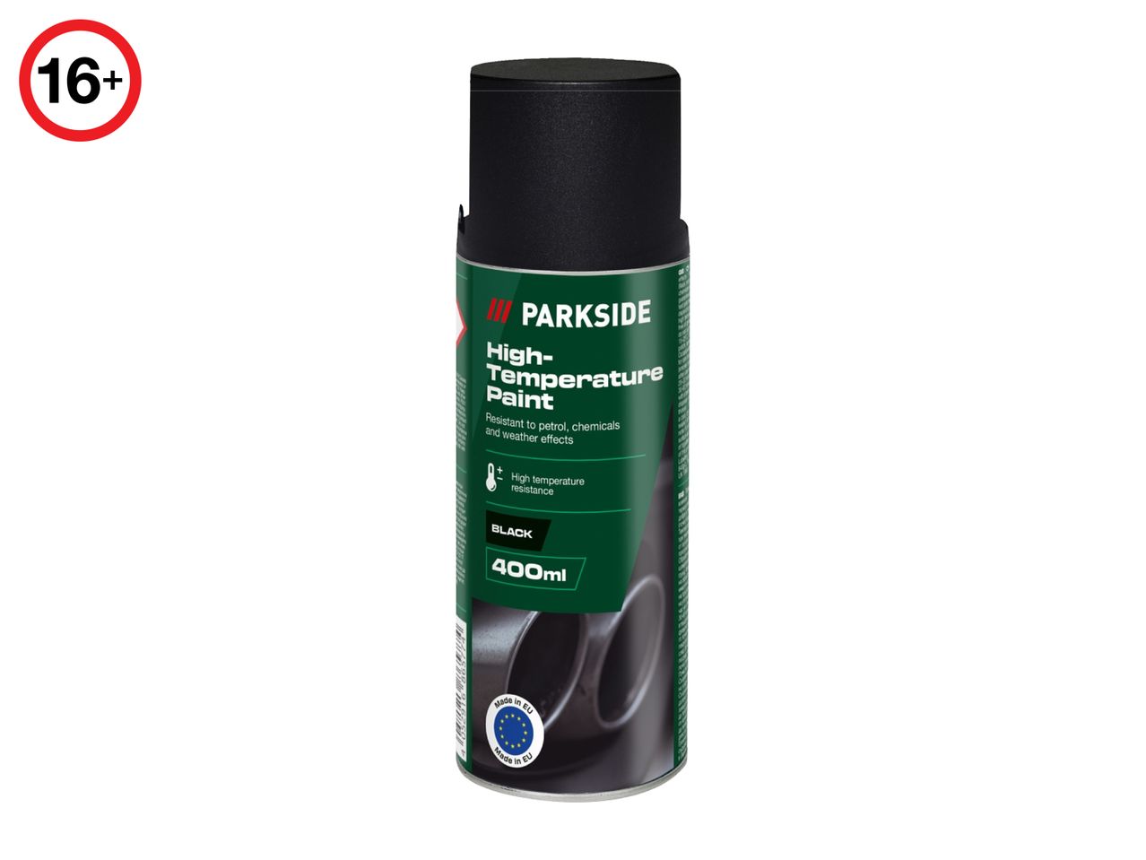 PARKSIDE High-Temperature Paint spray can, black, 400ml, with a 16+ age rating.