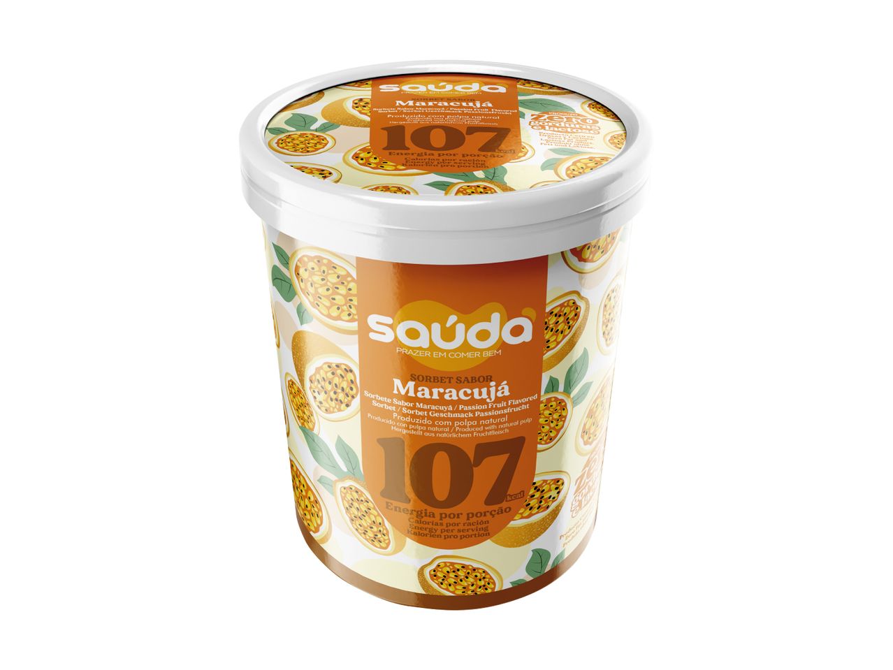 Passion fruit sorbet tub with 107 kcal per serving, zero fat and lactose.