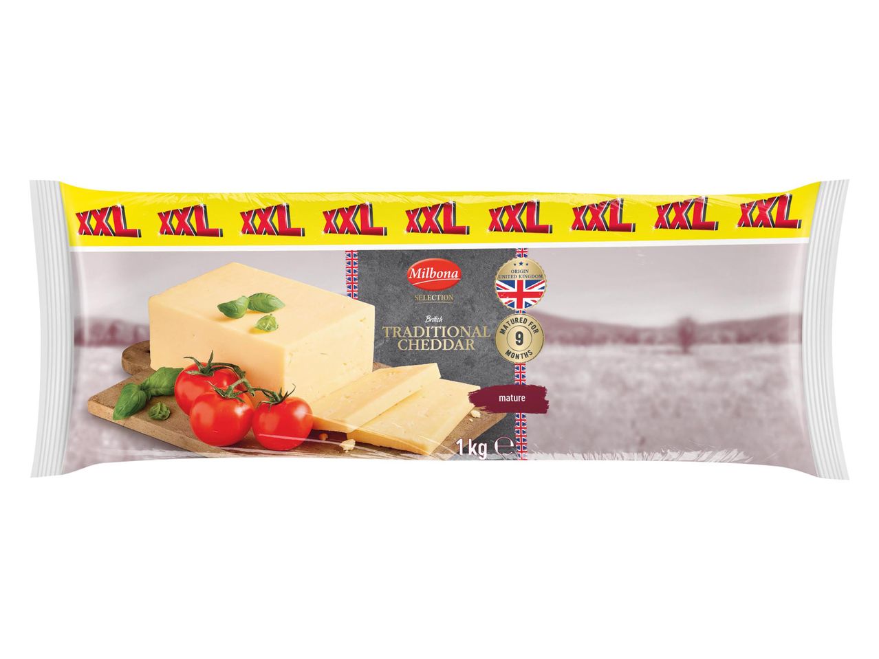 Milbona British Traditional Cheddar sajt, 1 kg-os kiszerelésben, XXL jelöléssel.