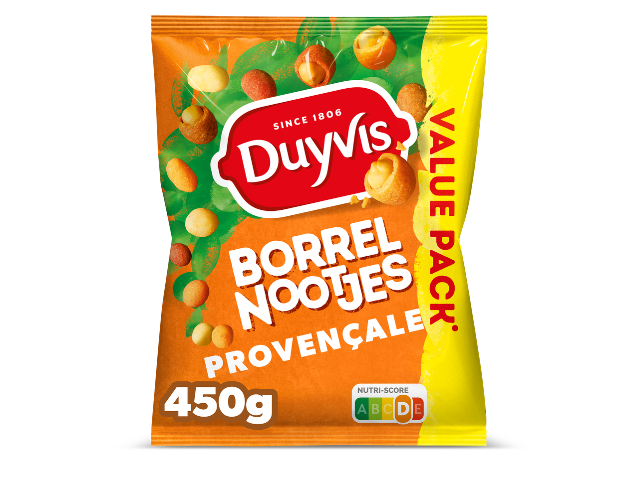 Een oranje zak met borrelnootjes in verschillende kleuren en de tekst 'VALUE PACK'.