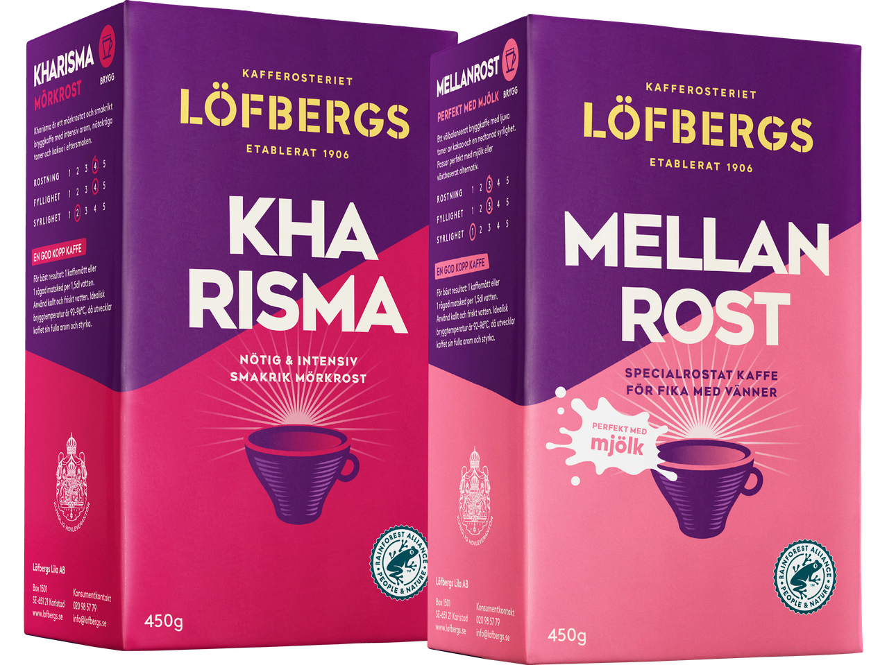 Två Löfbergs kaffepackningar: Kharisma mörkrostad och Mellanrost.