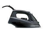Dark grey steam iron with a textured pattern on the body and a black power cord.