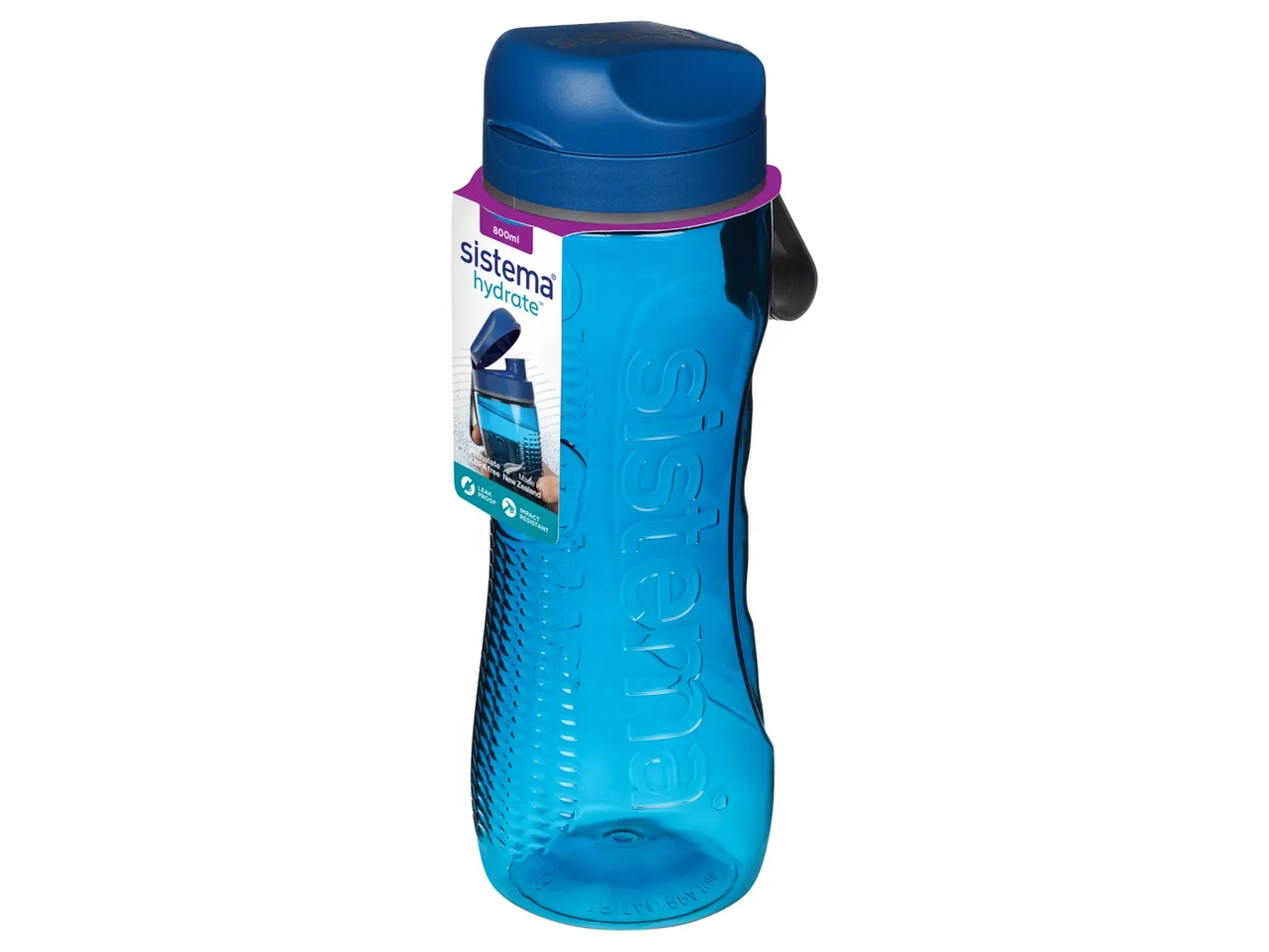 Una bottiglia d'acqua Sistema Hydrate blu da 800 ml con etichetta.