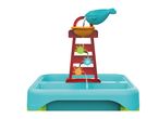 Colorful water play table with a whale-shaped pouring cup and spinning gears.