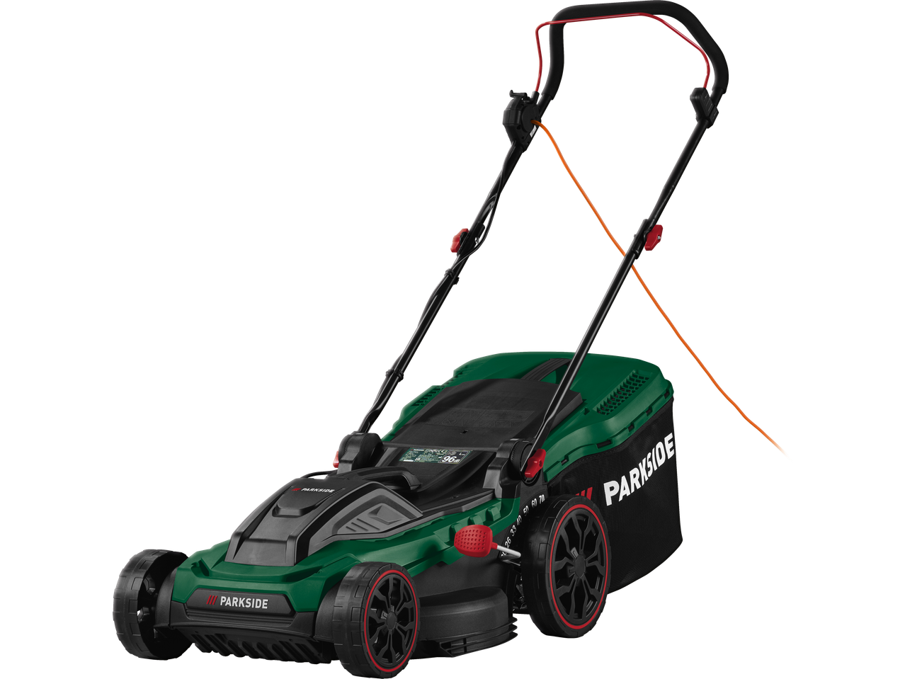 Parkside 1800W Electric Lawnmower in green and black with an orange power cord.