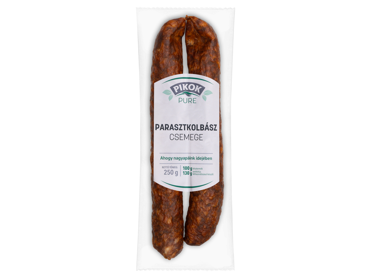 Pikok Pure parasztkolbász csemege, 250g-os kiszerelésben.
