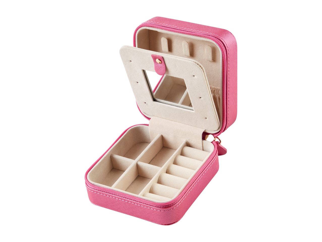 Pink portable jewelry box with compartments and mirror.