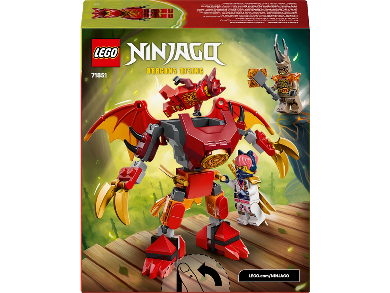 Ninjago Dragons Rising komplekt 71851 punase draakonmehhi, ninja ja kurikaelaga.