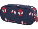 Spider-Man themed pencil case with red and white mask pattern on a navy background.