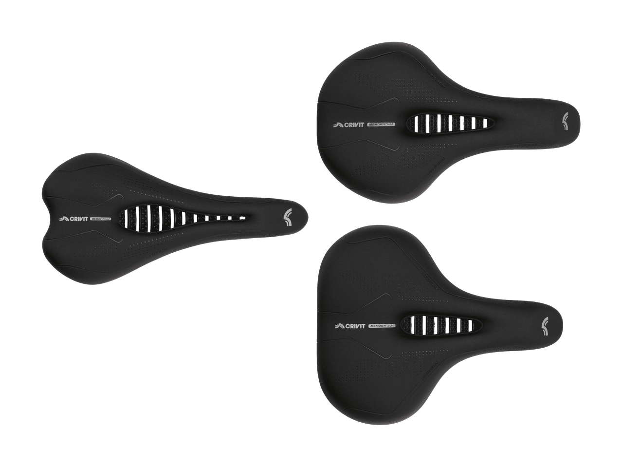 Drei schwarze Fahrradsättel mit Memory-Schaum-Polsterung, auf schwarzem Hintergrund angeordnet.