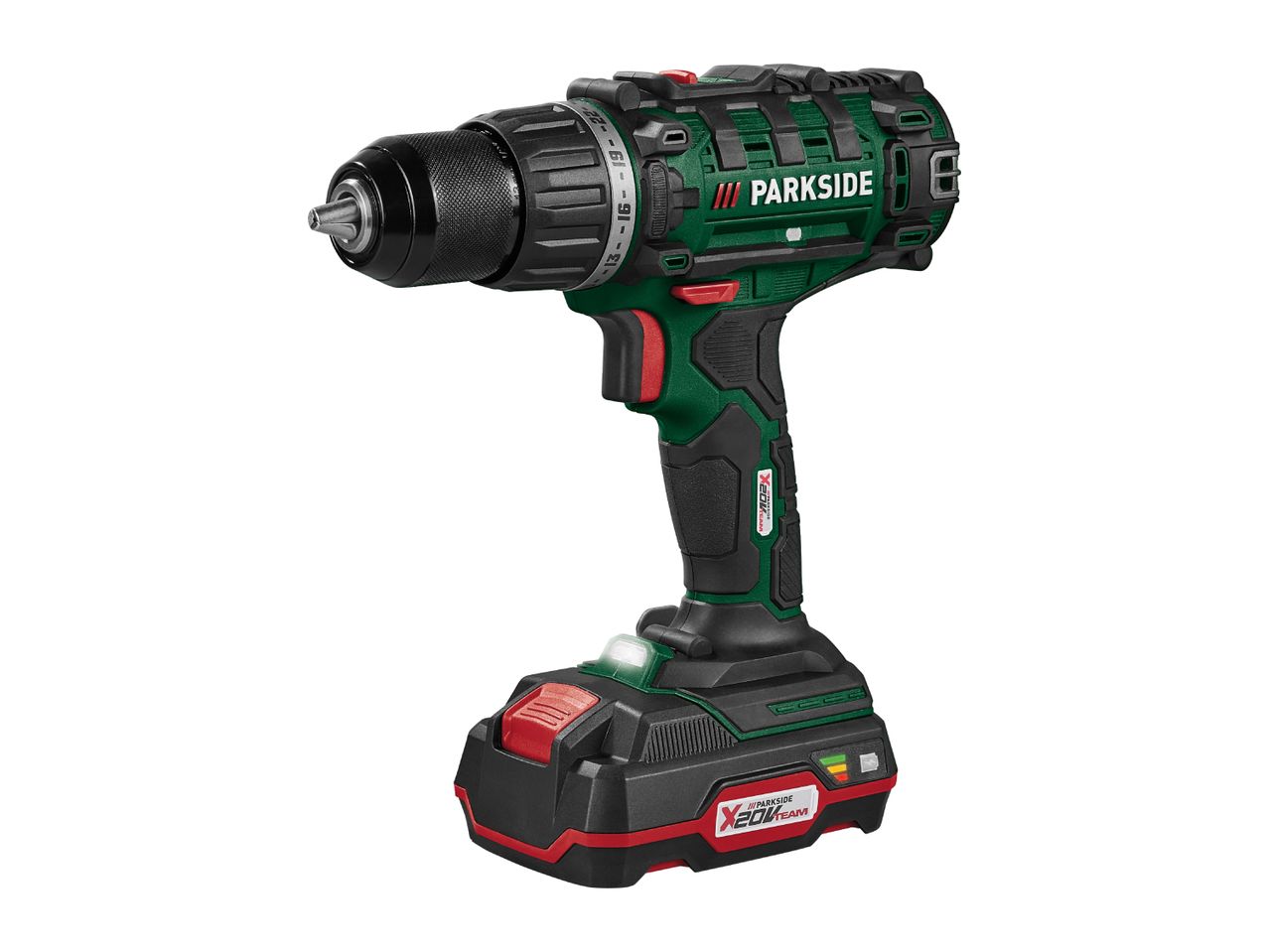 Cordless drill with a black chuck, green and black body, and a red battery pack.
