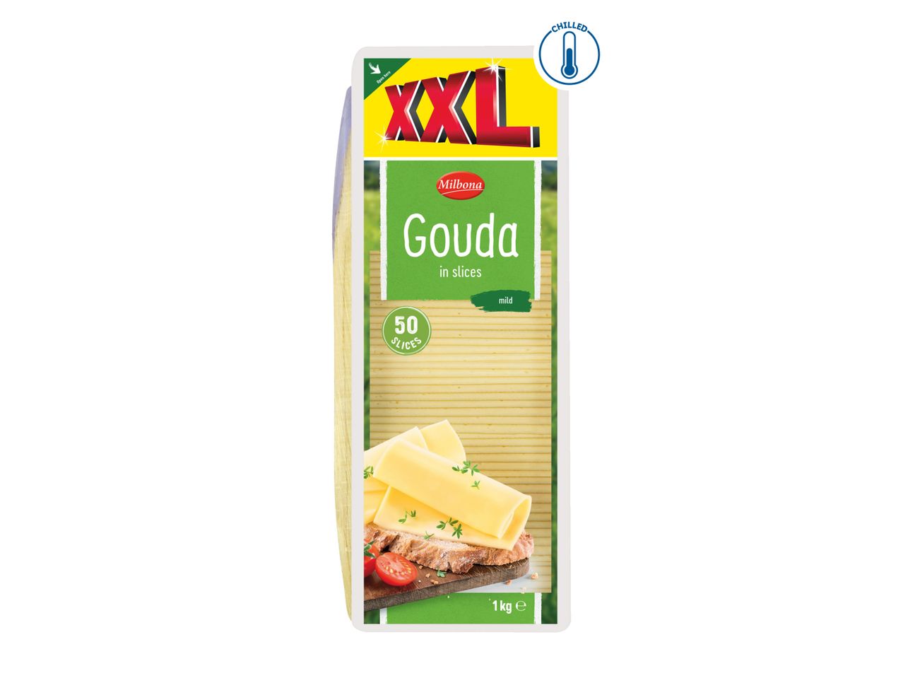 Milbona XXL Gouda cheese slices, 50 slices, 1kg.