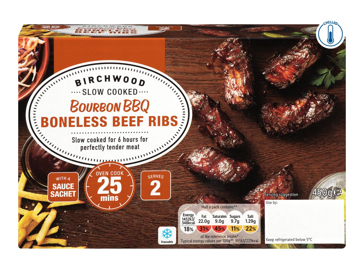 Packaging for slow-cooked bourbon BBQ boneless beef ribs, with nutritional information and cooking instructions.