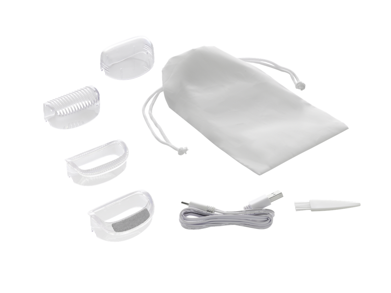 CIEN BEAUTY® Ladyshaver priedai: įvairios skutimosi galvutės, valymo šepetėlis, USB laidas ir laikymo krepšys.