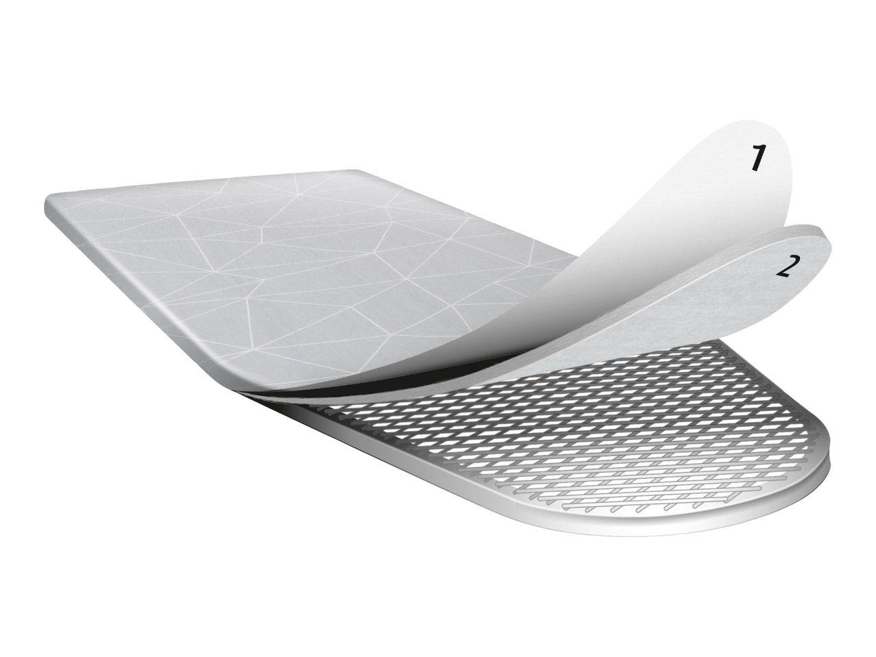 Exploded view of an ironing board cover with two layers and a perforated metal base.