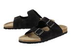 Pair of black two-strap sandals with cork soles and metal buckles.