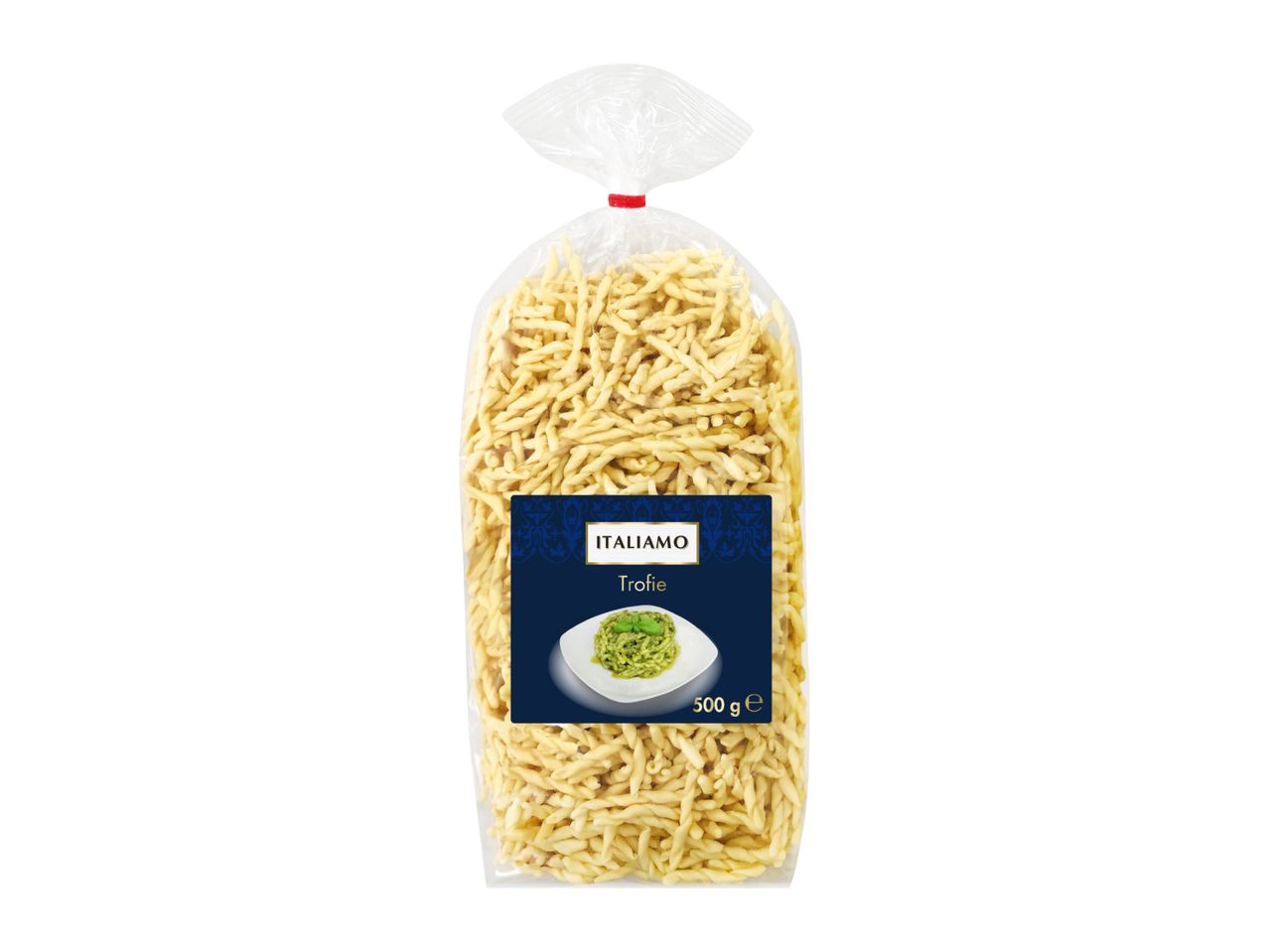 A clear plastic bag of trofie pasta with a blue label showing pasta with pesto.
