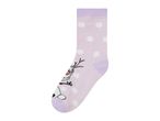 Purple Frozen Olaf socks with white polka dots.