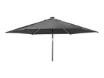 A dark grey patio umbrella with a central pole, open and providing shade.