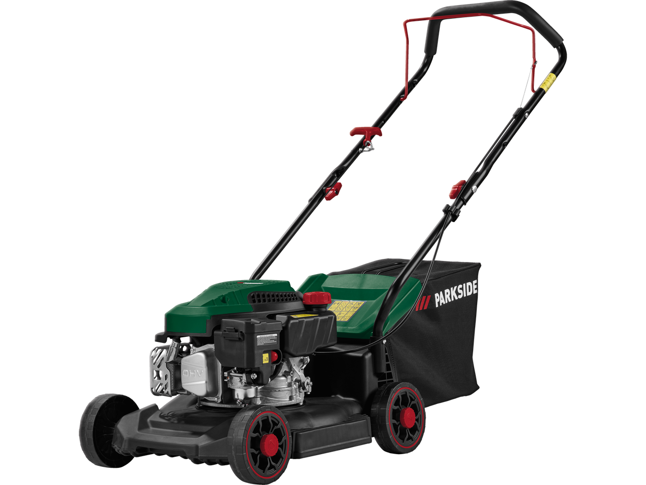 Parkside benzīna zāles pļāvējs ar zāles savācēju.